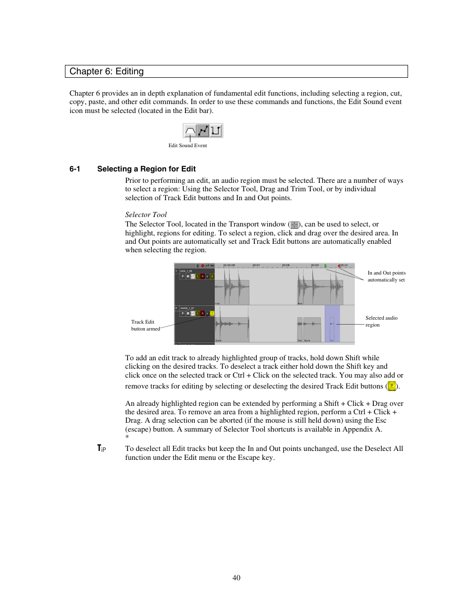 Chapter 6: editing, Selecting a region for edit | Teac MX-View Version 1.0b1 User Manual | Page 40 / 92