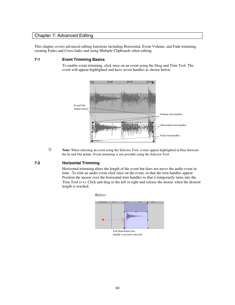 Chapter 7: advanced editing, Event trimming basics, Horizontal trimming | Teac MX-View Version 1.0b1 User Manual | Page 60 / 92