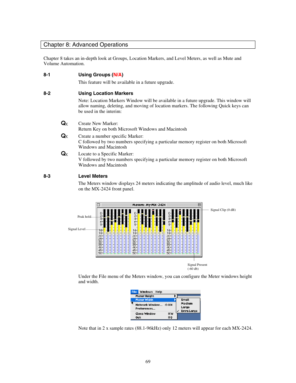 Chapter 8: advanced operations, Using groups (n, Using location markers | Level meters | Teac MX-View Version 1.0b1 User Manual | Page 69 / 92