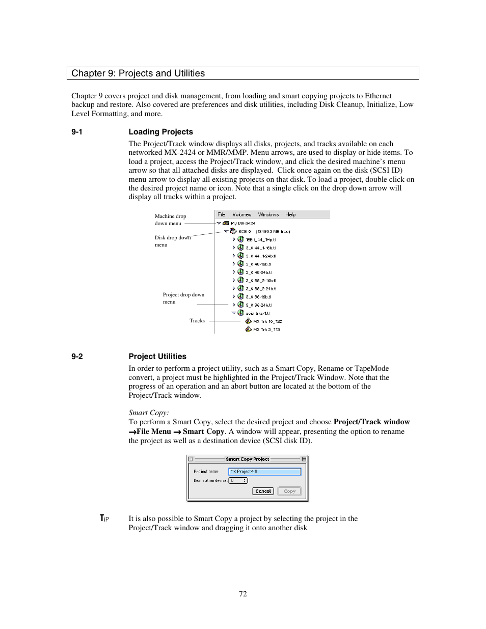 Chapter 9: projects and utilities, Loading projects, Project utilities | Teac MX-View Version 1.0b1 User Manual | Page 72 / 92