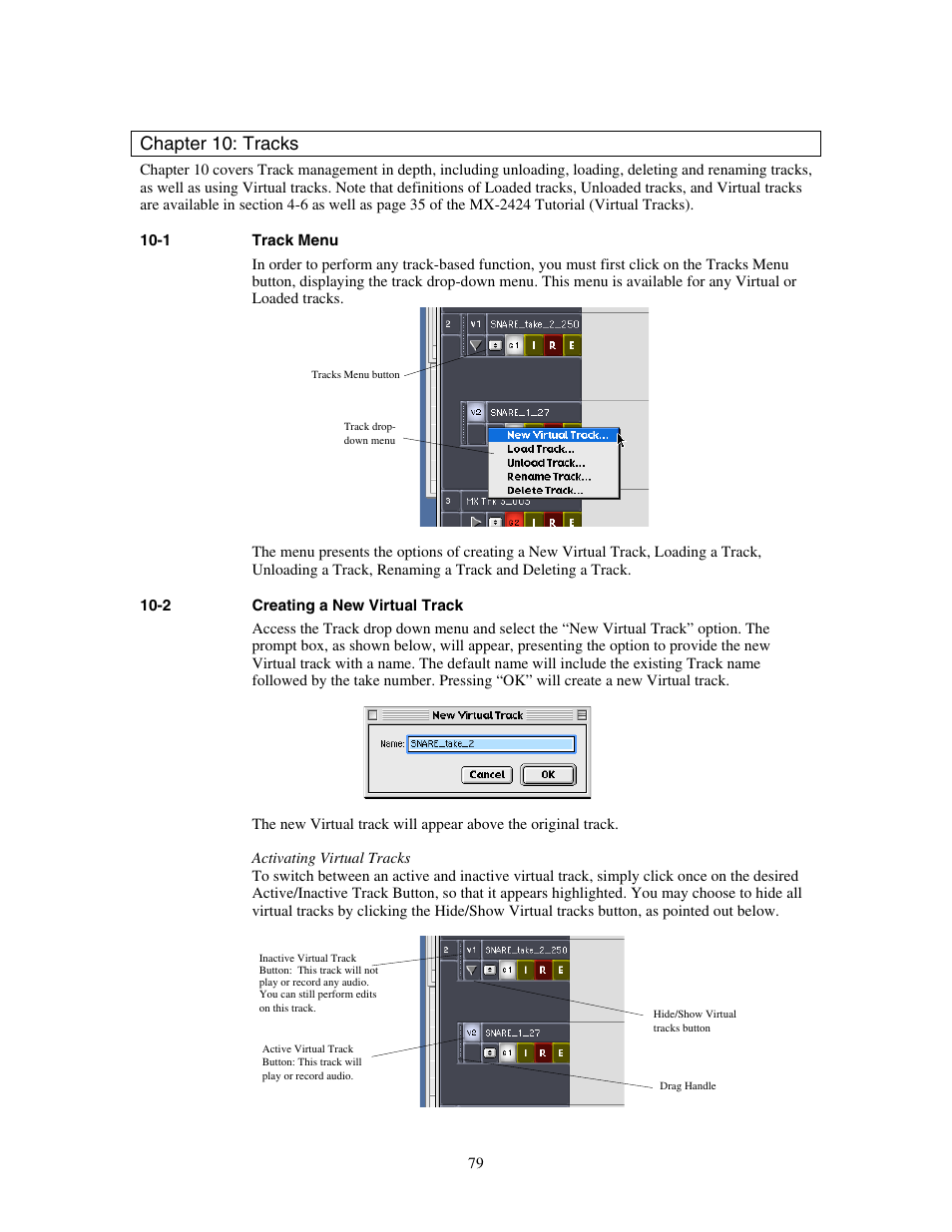 Chapter 10: tracks, Track menu, Creating a new virtual track | Teac MX-View Version 1.0b1 User Manual | Page 79 / 92