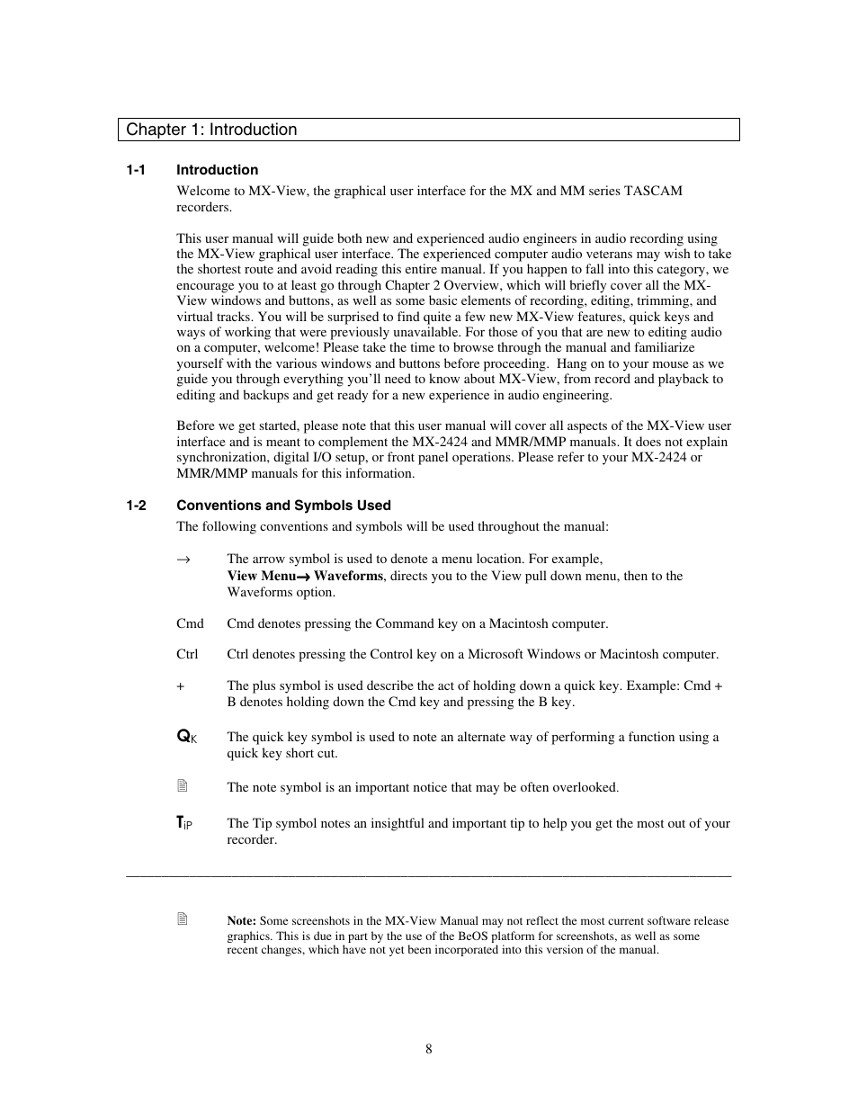 Chapter 1: introduction, Introduction, Conventions and symbols used | Teac MX-View Version 1.0b1 User Manual | Page 8 / 92