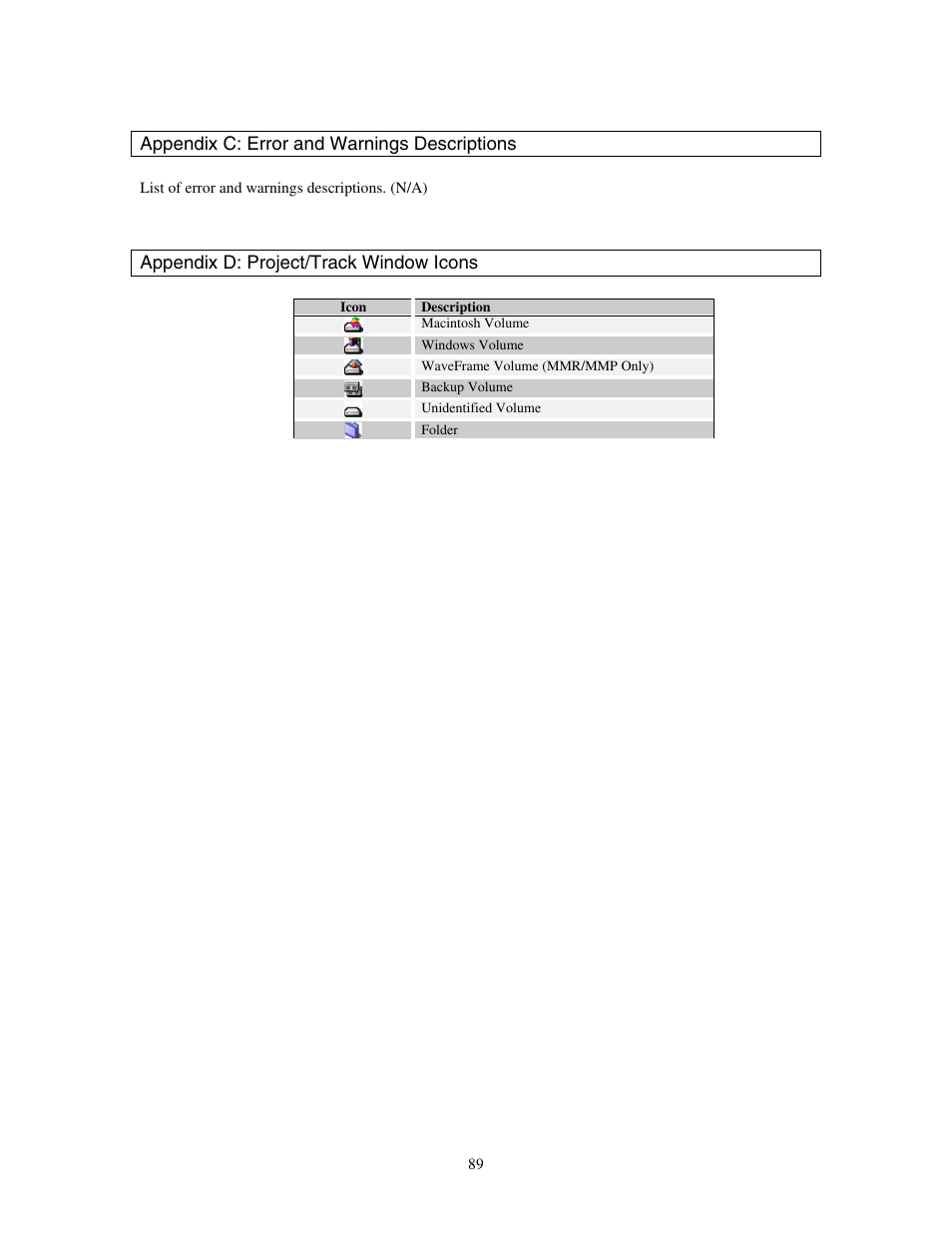 Appendix c: error and warnings descriptions, Appendix d: project/track window icons | Teac MX-View Version 1.0b1 User Manual | Page 89 / 92