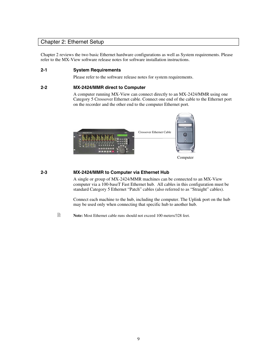 Chapter 2: ethernet setup, System requirements, Mx-2424/mmr direct to computer | Mx-2424/mmr to computer via ethernet hub | Teac MX-View Version 1.0b1 User Manual | Page 9 / 92