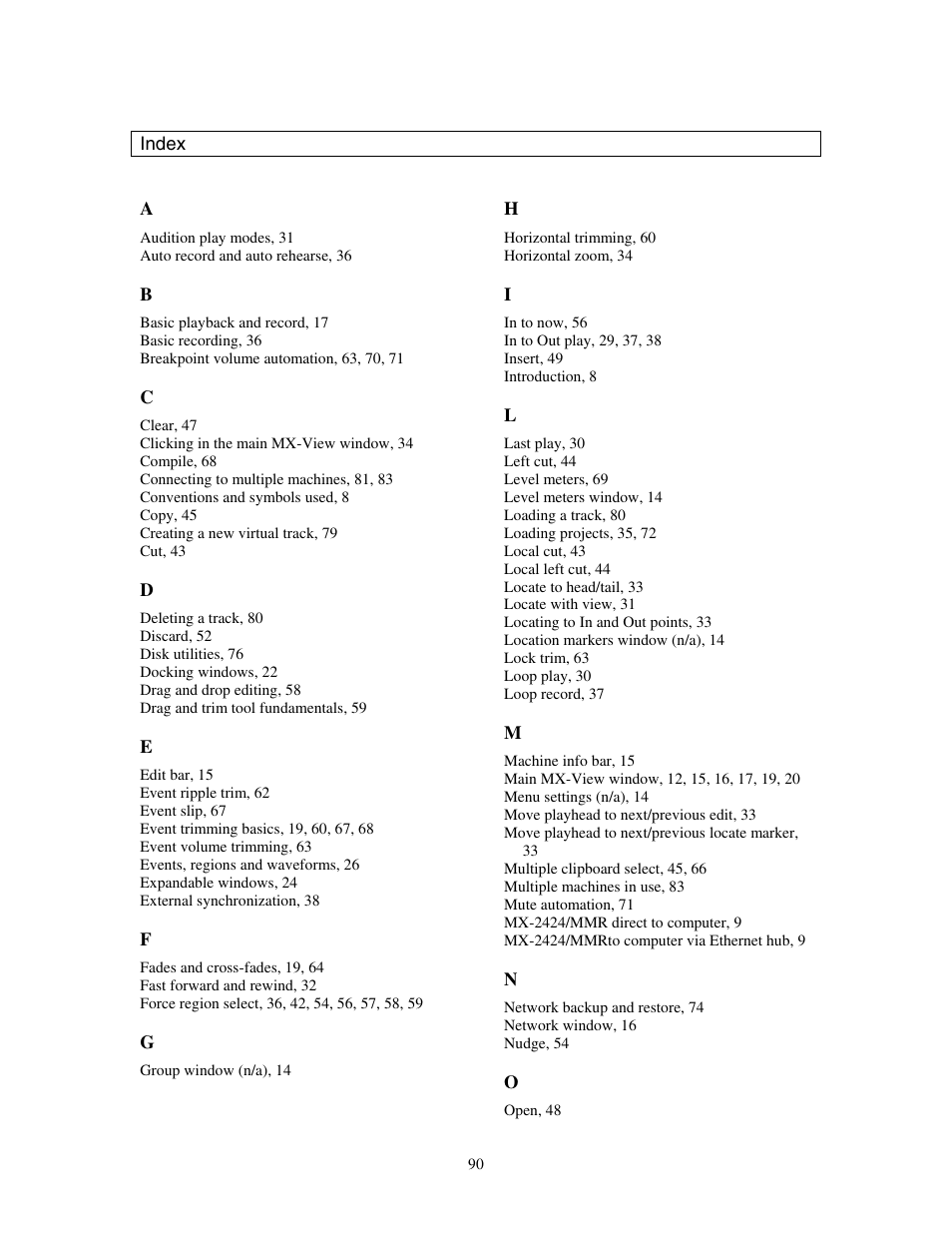 Index | Teac MX-View Version 1.0b1 User Manual | Page 90 / 92