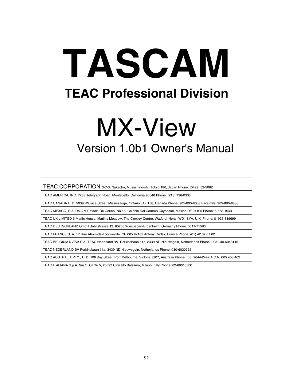 Tascam, Mx-view, Teac professional division | Version 1.0b1 owner's manual | Teac MX-View Version 1.0b1 User Manual | Page 92 / 92