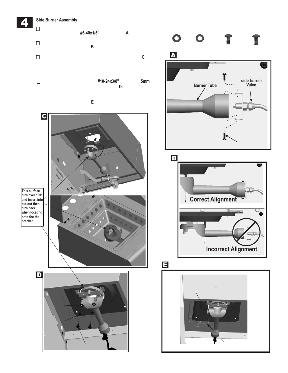 Correct alignment a, Bincorrect alignment correct alignment c e | Char-Broil RED 463250308 User Manual | Page 18 / 32