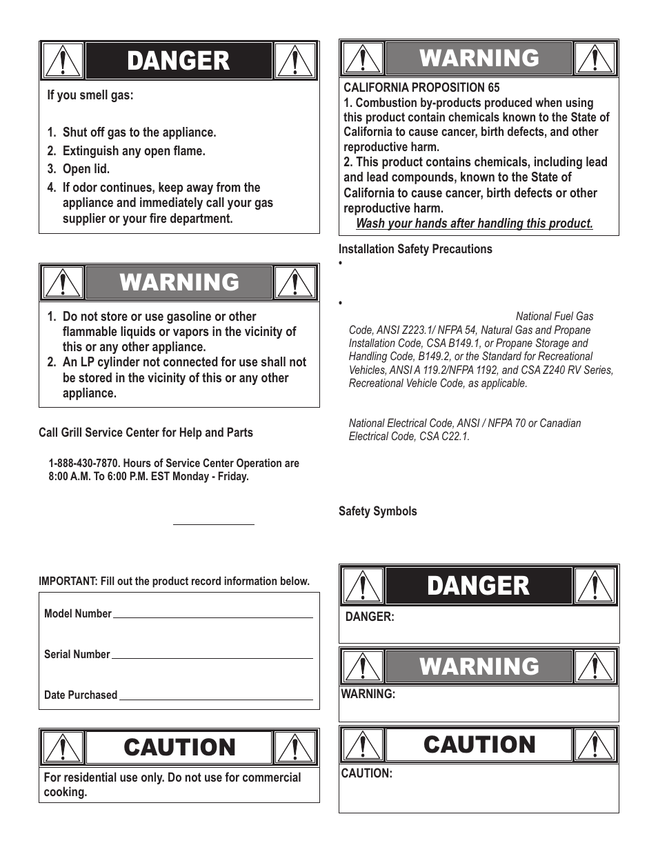 Danger, Warning caution, Warning | Caution | Char-Broil RED 463250308 User Manual | Page 2 / 32