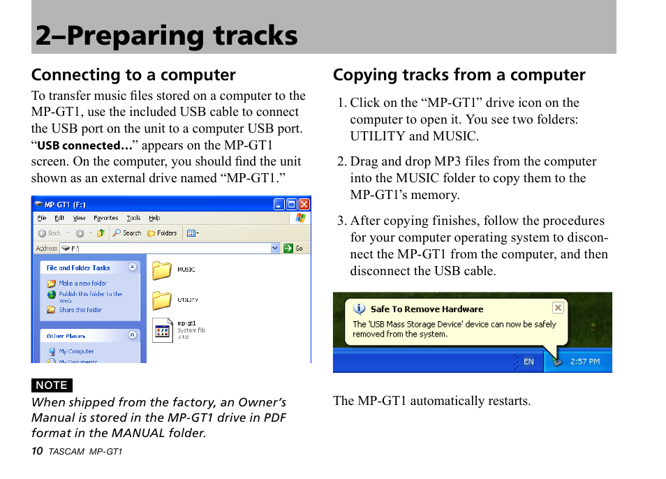 Connecting to a computer, Copying tracks from a computer, 2–preparing tracks | Teac MP-GT1 Quick Start User Manual | Page 10 / 16