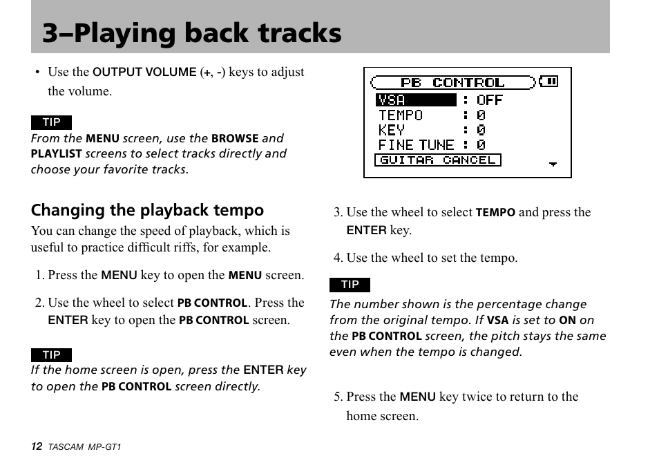 Changing the playback tempo, Changing.the.playback.tempo, 3–playing back tracks | Teac MP-GT1 Quick Start User Manual | Page 12 / 16