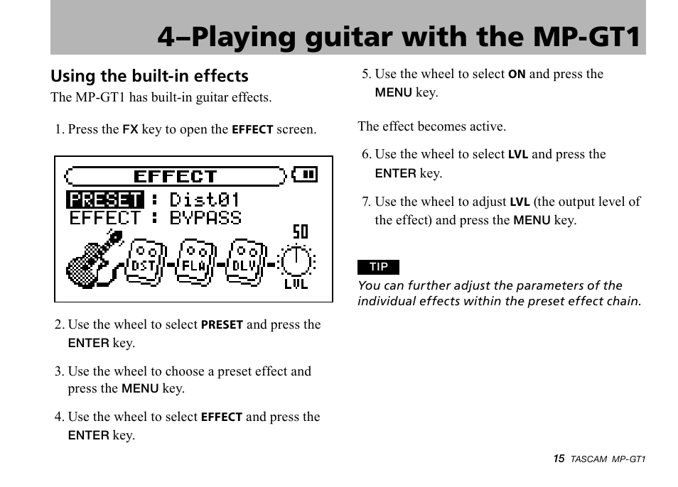 Using the built-in effects, Using.the.built-in.effects, 4–playing guitar with the mp-gt1 | Teac MP-GT1 Quick Start User Manual | Page 15 / 16