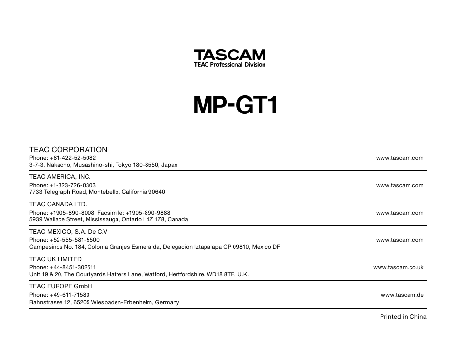 Teac office information, Mp-gt1 | Teac MP-GT1 Quick Start User Manual | Page 16 / 16