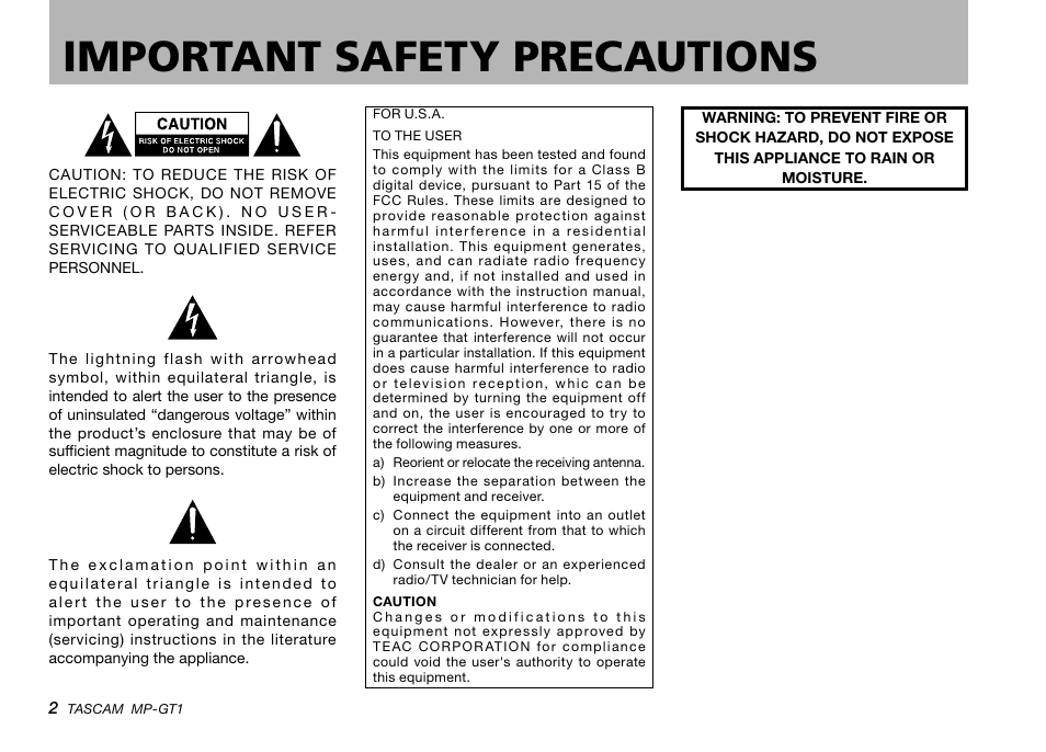 Important safety precautions | Teac MP-GT1 Quick Start User Manual | Page 2 / 16