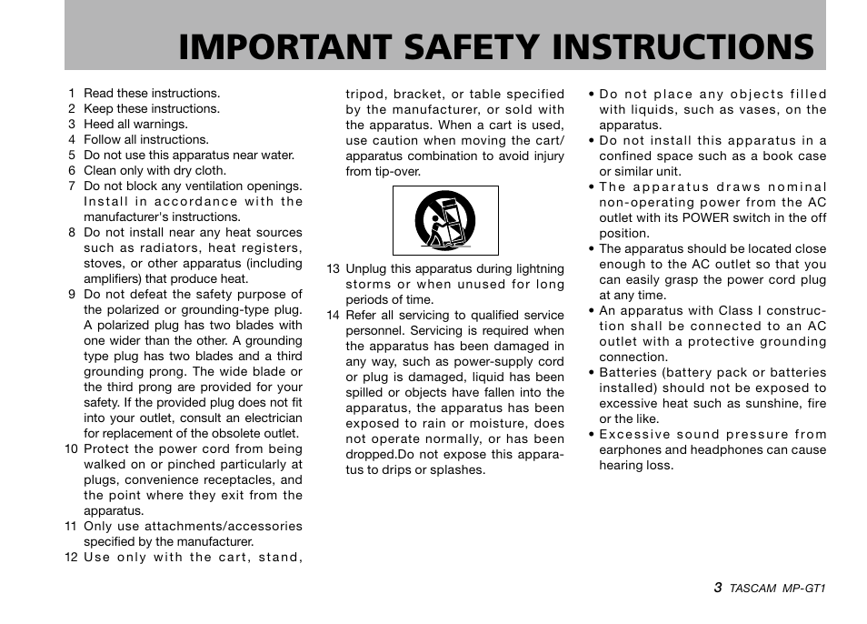 Important safety instructions | Teac MP-GT1 Quick Start User Manual | Page 3 / 16