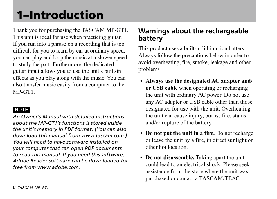 1–introduction, Warnings about the rechargeable battery, Warnings.about.the.rechargeable.battery | Teac MP-GT1 Quick Start User Manual | Page 6 / 16
