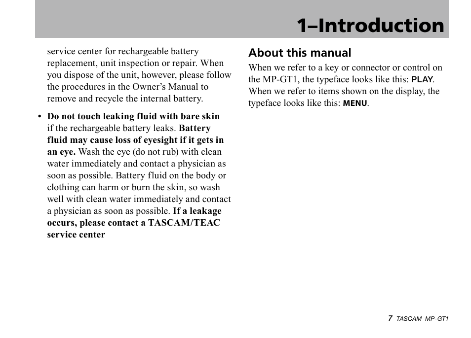 About this manual, About.this.manual, 1–introduction | Teac MP-GT1 Quick Start User Manual | Page 7 / 16