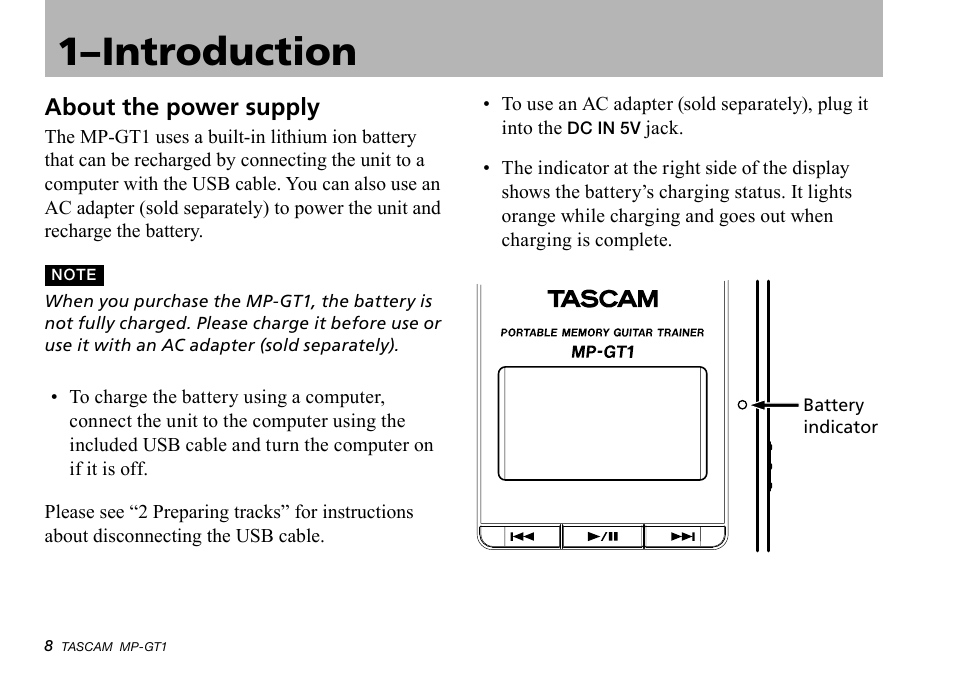 About the power supply, About.the.power.supply, 1–introduction | Teac MP-GT1 Quick Start User Manual | Page 8 / 16