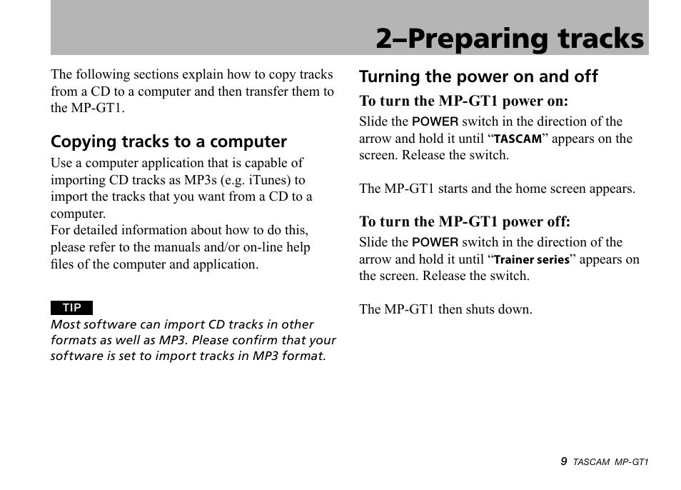 Copying tracks to a computer, Turning the power on and off, 2–preparing tracks | Teac MP-GT1 Quick Start User Manual | Page 9 / 16