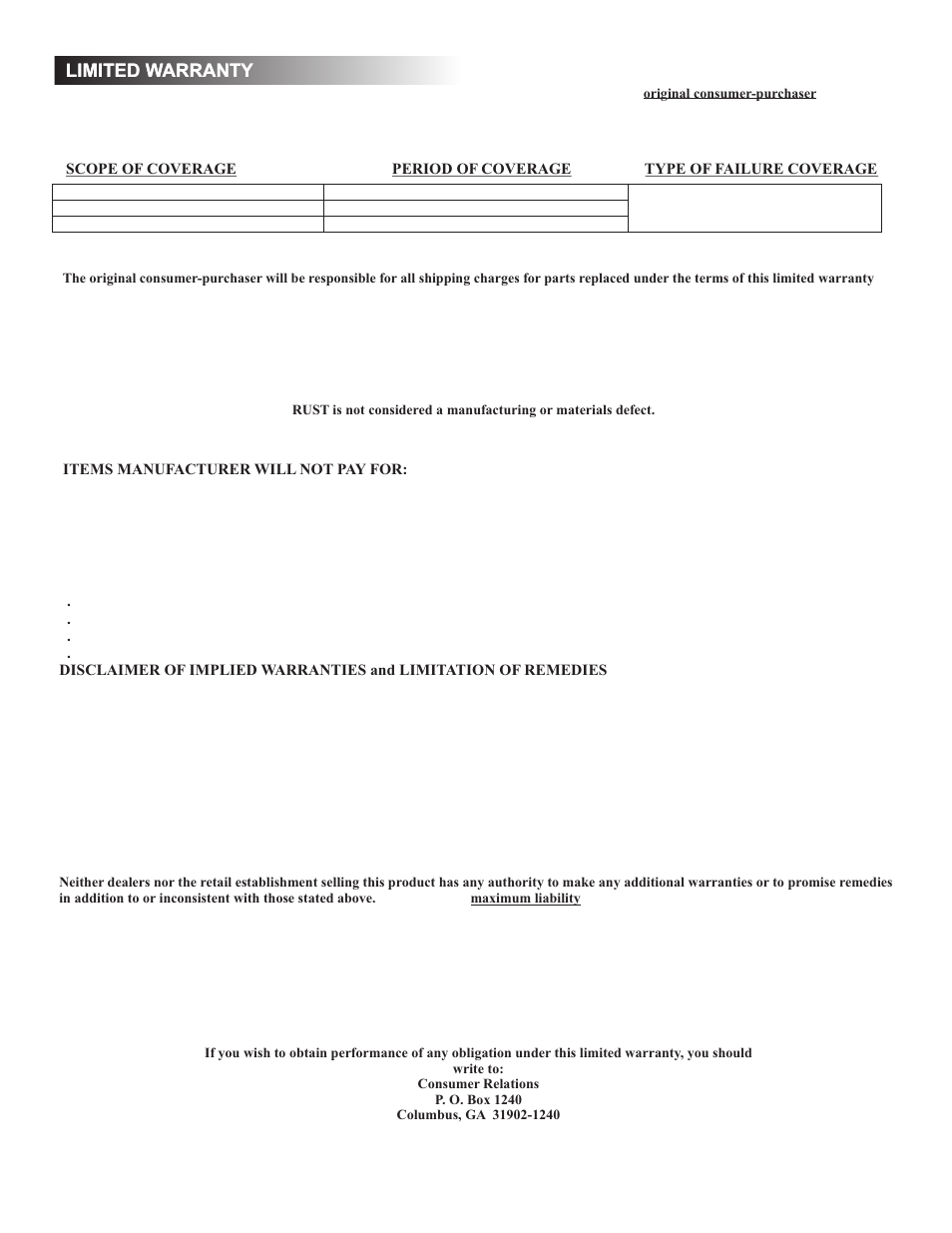 Limited warranty | Char-Broil WILD WEST TRADITION 10201600 User Manual | Page 6 / 16