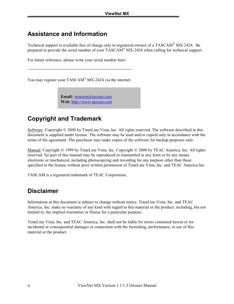 Assistance and information, Copyright and trademark, Disclaimer | Teac MX-2424 v1.15 User Manual | Page 2 / 121
