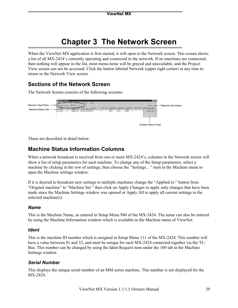 Chapter 3 the network screen | Teac MX-2424 v1.15 User Manual | Page 29 / 121