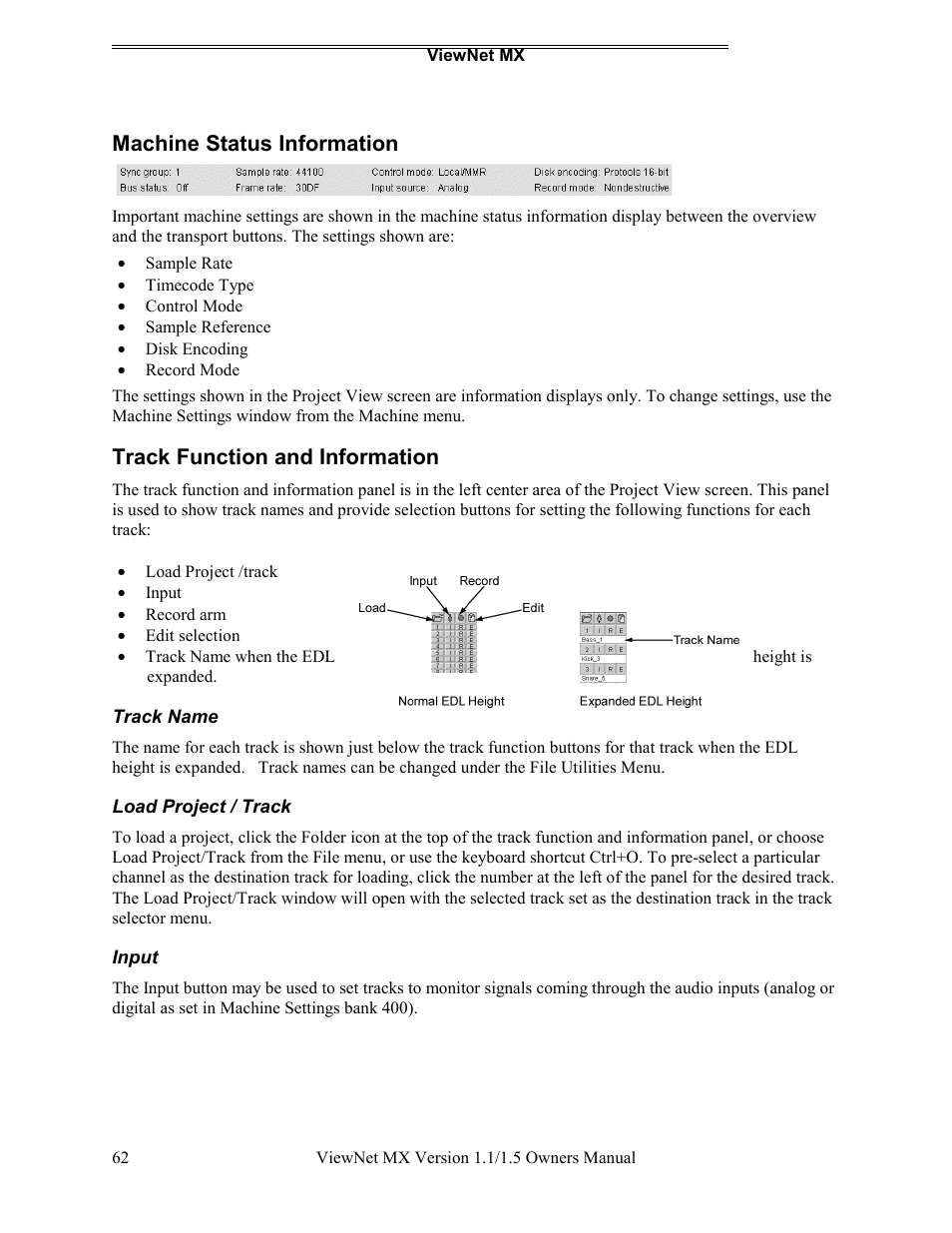 Machine status information, Track function and information | Teac MX-2424 v1.15 User Manual | Page 62 / 121