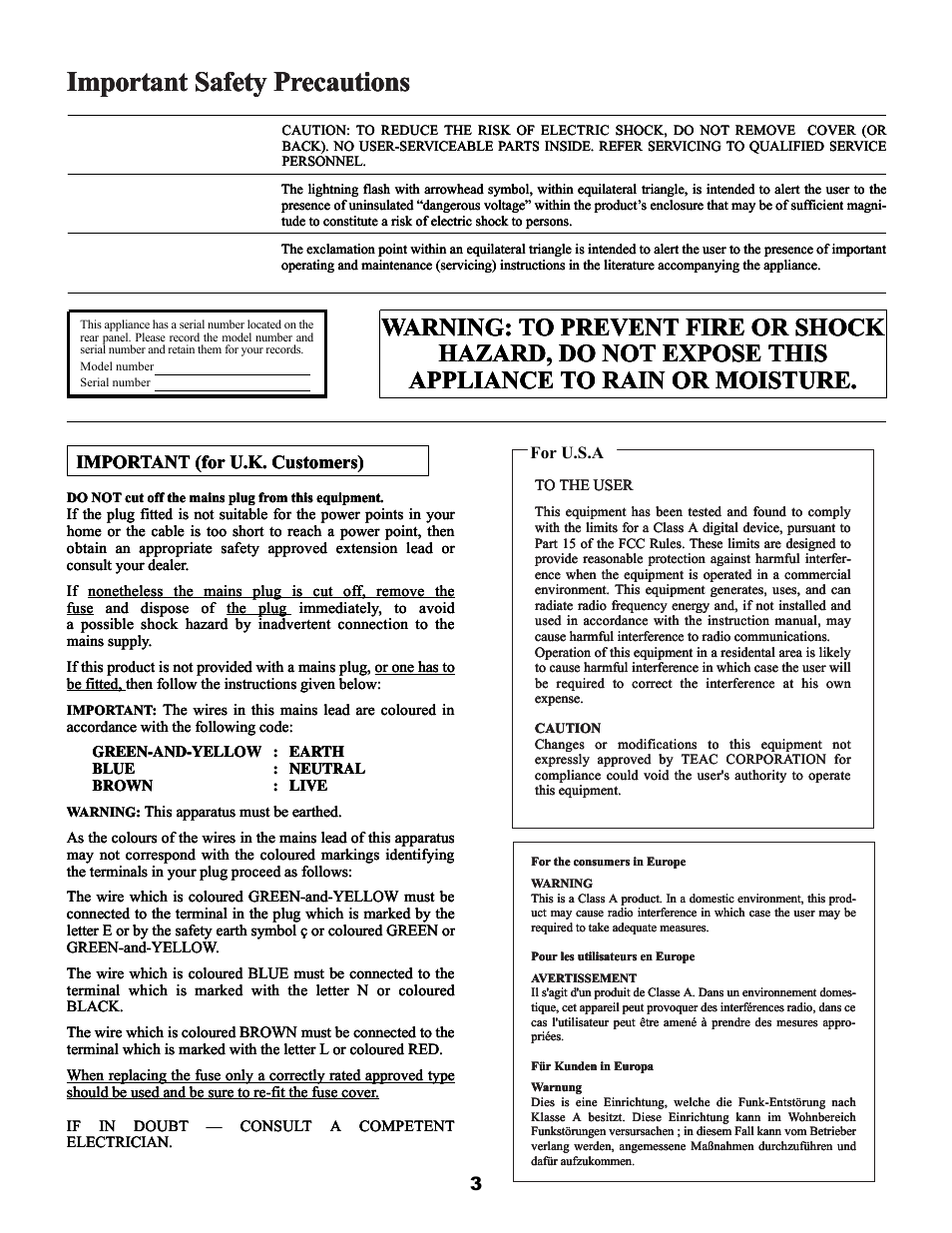 Important safety precautions, Important (for u.k. customers), Important (for u.k. customers) 3 | Teac MX-2424 v1.04 User Manual | Page 3 / 67