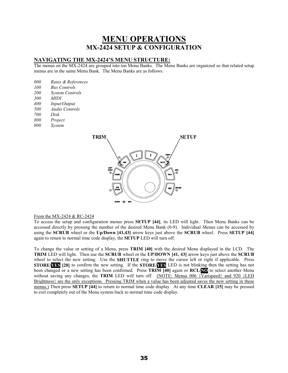 Menu operations, Mx-2424 setup & configuration | Teac MX-2424 v1.04 User Manual | Page 35 / 67