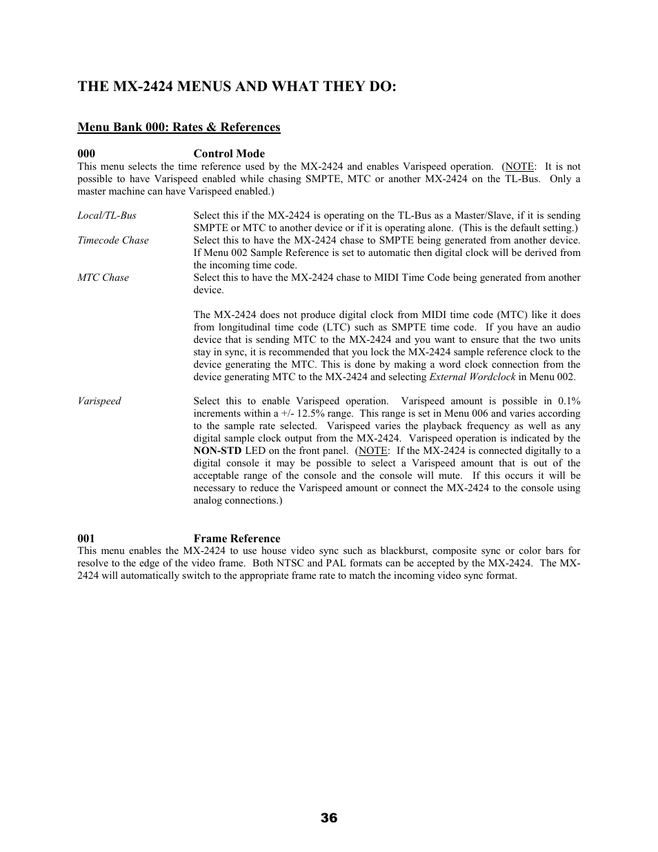 The mx-2424 menus and what they do | Teac MX-2424 v1.04 User Manual | Page 36 / 67