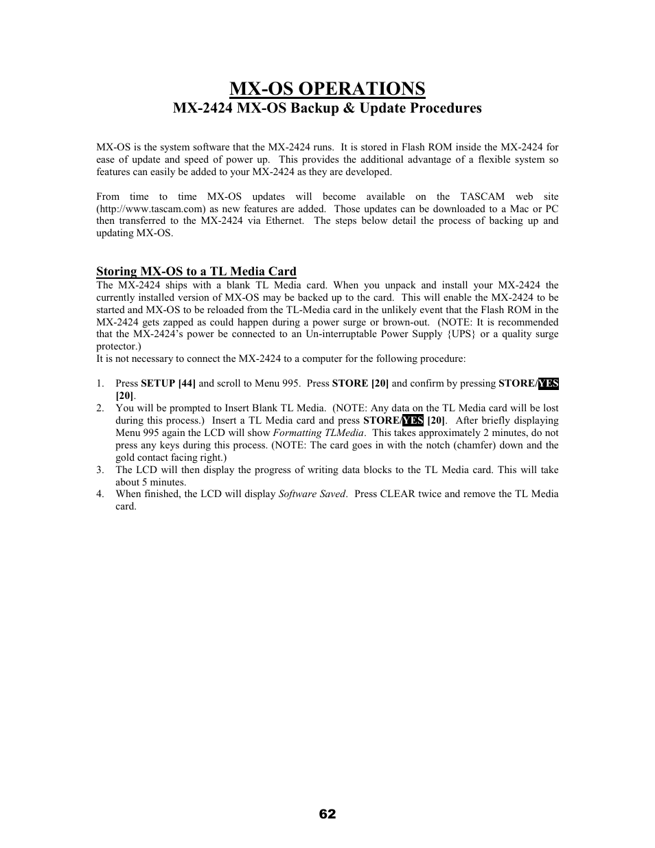 Mx-os operations, Mx-2424 mx-os backup & update procedures | Teac MX-2424 v1.04 User Manual | Page 62 / 67