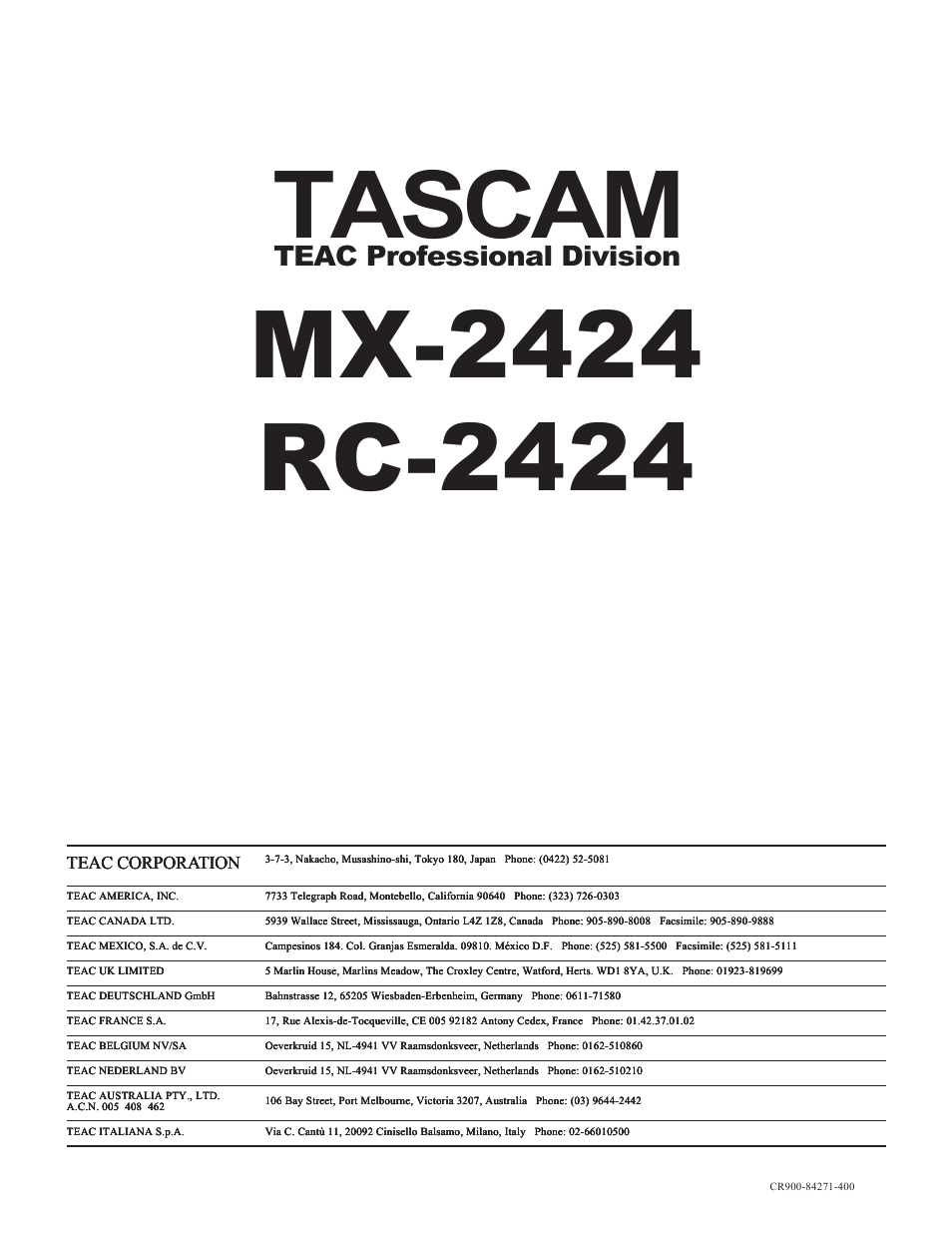 Tascam, Teac professional division, Teac corporation | Teac MX-2424 v1.04 User Manual | Page 67 / 67