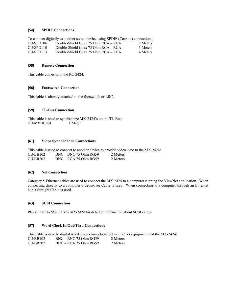 54] spdif connections, 58] remote connection, 56} footswitch connection | 59] tl-bus connection, 61] video sync in/thru connections, 62] net connection, 63] scsi connection, 57] word clock in/out/thru connections | Teac MX-2424 Installation v1.01 User Manual | Page 4 / 5