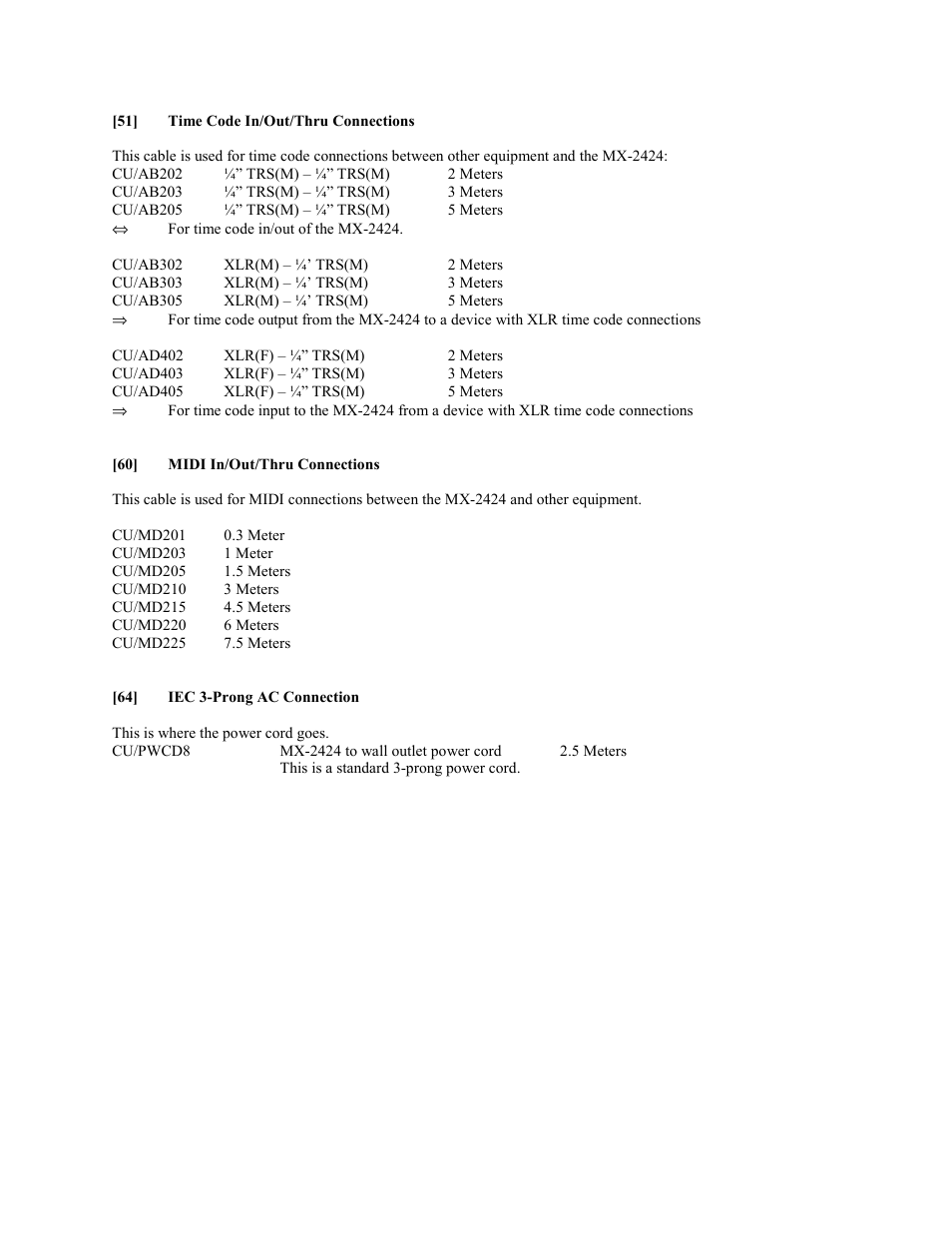 51] time code in/out/thru connections, 60] midi in/out/thru connections, 64] iec 3-prong ac connection | Teac MX-2424 Installation v1.01 User Manual | Page 5 / 5