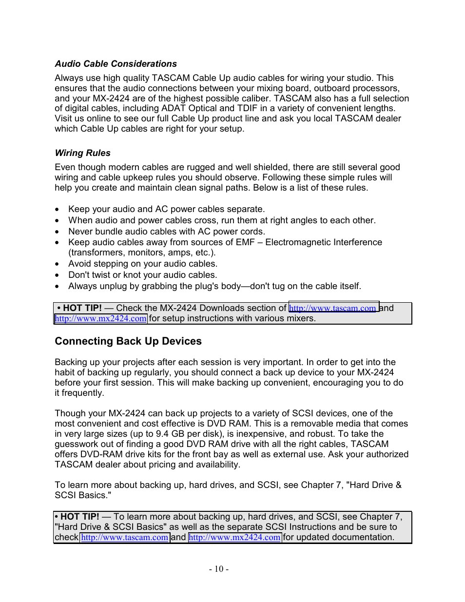 Audio cable considerations, Wiring rules, Connecting back up devices | Audio cable considerations wiring rules | Teac MX-2424 Tutorial User Manual | Page 10 / 52