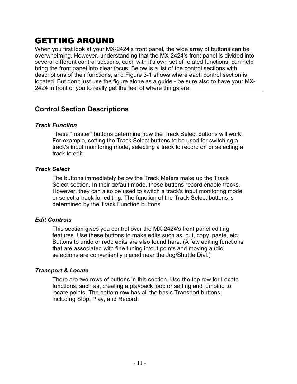 Getting around, Control section descriptions, Track function | Track select, Edit controls, Transport & locate | Teac MX-2424 Tutorial User Manual | Page 11 / 52