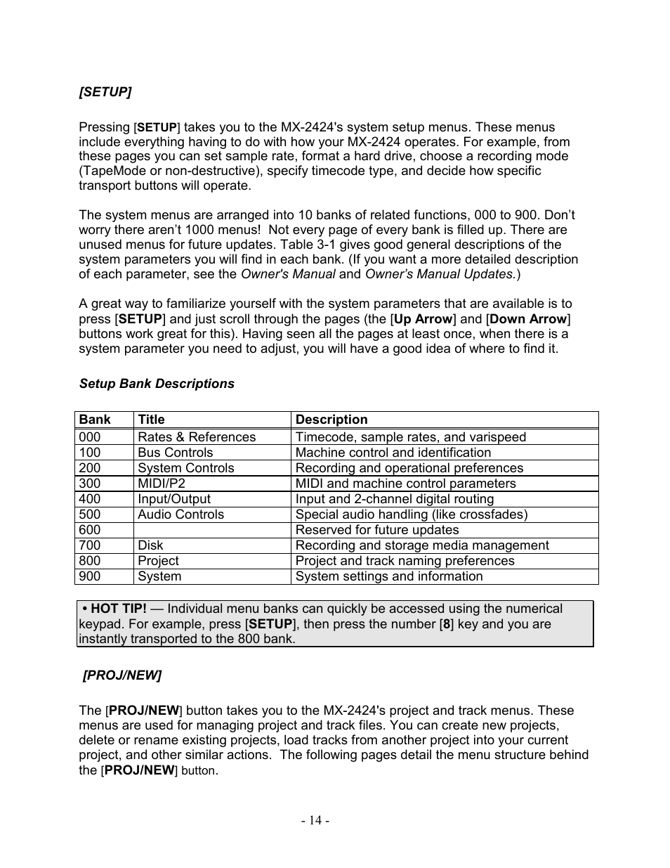 Setup, Setup bank descriptions, Proj/new | Setup] setup bank descriptions [proj/new | Teac MX-2424 Tutorial User Manual | Page 14 / 52