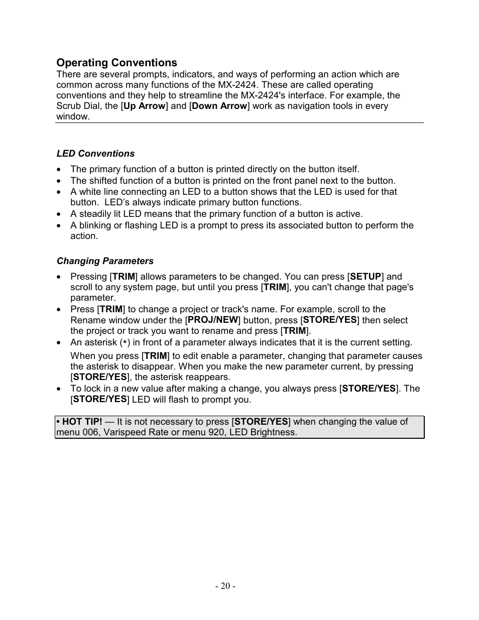 Operating conventions, Led conventions, Changing parameters | Led conventions changing parameters | Teac MX-2424 Tutorial User Manual | Page 20 / 52