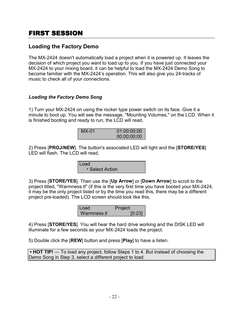 First session, Loading the factory demo, Loading the factory demo song | Teac MX-2424 Tutorial User Manual | Page 22 / 52