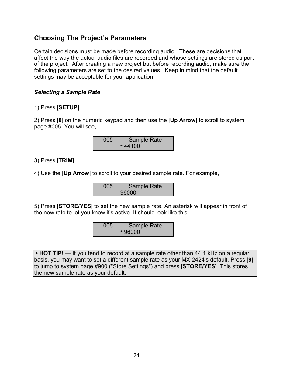 Choosing the project’s parameters, Selecting a sample rate | Teac MX-2424 Tutorial User Manual | Page 24 / 52