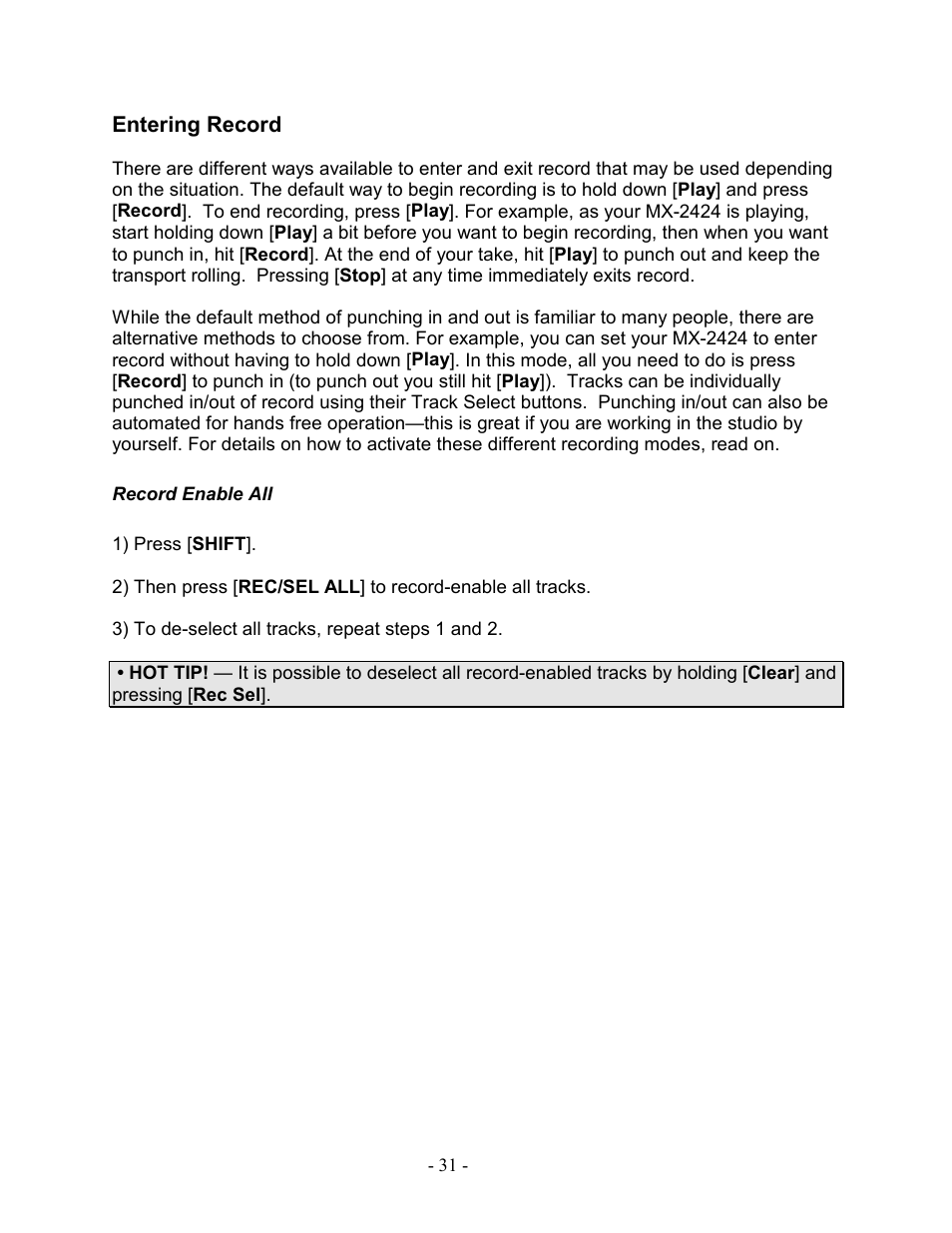 Entering record, Record enable all | Teac MX-2424 Tutorial User Manual | Page 31 / 52