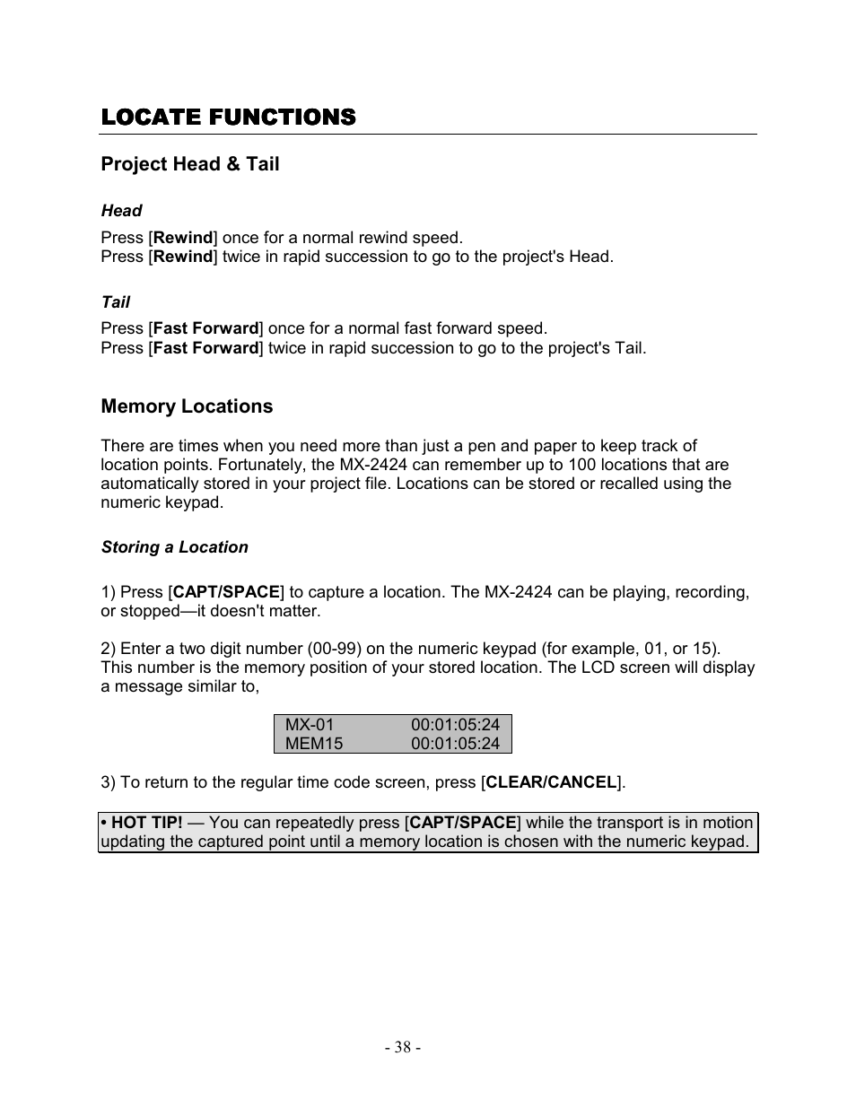 Locate functions, Project head & tail, Head | Tail, Memory locations, Storing a location, Head tail | Teac MX-2424 Tutorial User Manual | Page 38 / 52