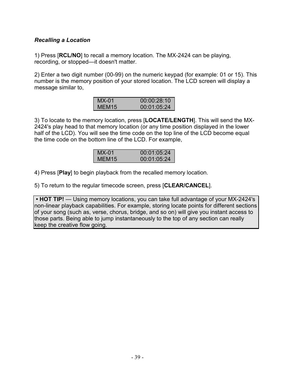 Recalling a location | Teac MX-2424 Tutorial User Manual | Page 39 / 52