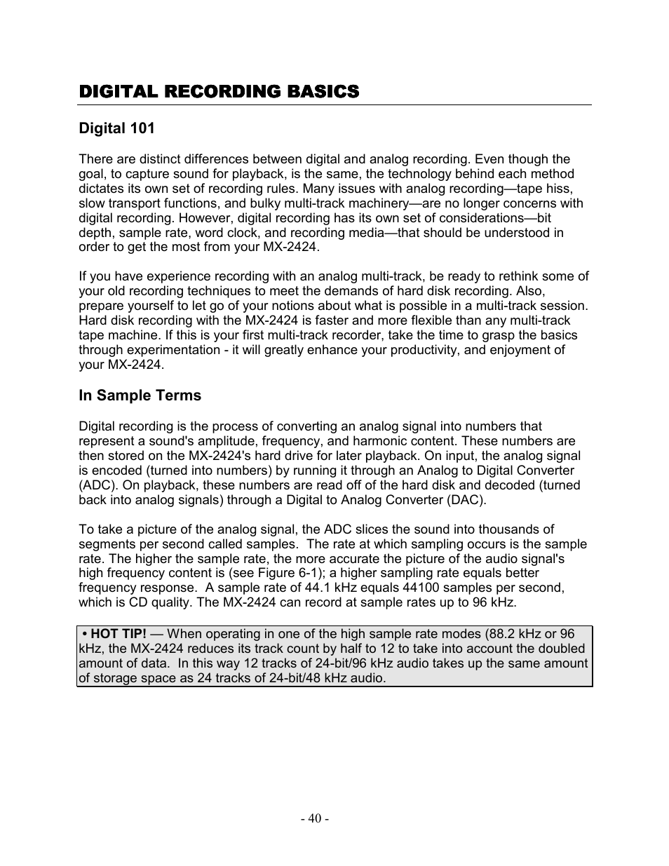 Digital recording basics, Digital 101, In sample terms | Teac MX-2424 Tutorial User Manual | Page 40 / 52