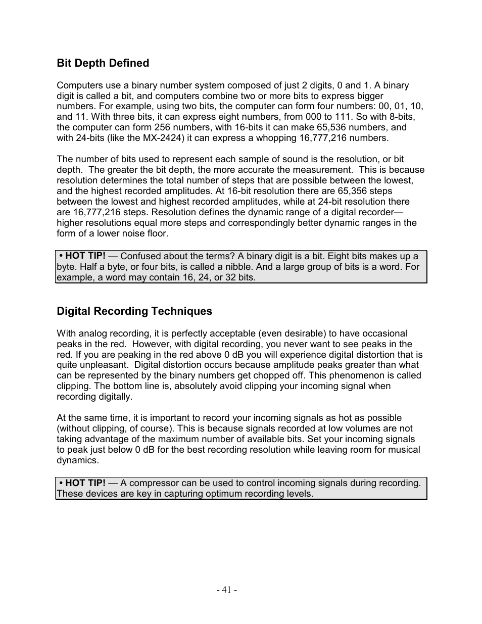 Bit depth defined, Digital recording techniques | Teac MX-2424 Tutorial User Manual | Page 41 / 52