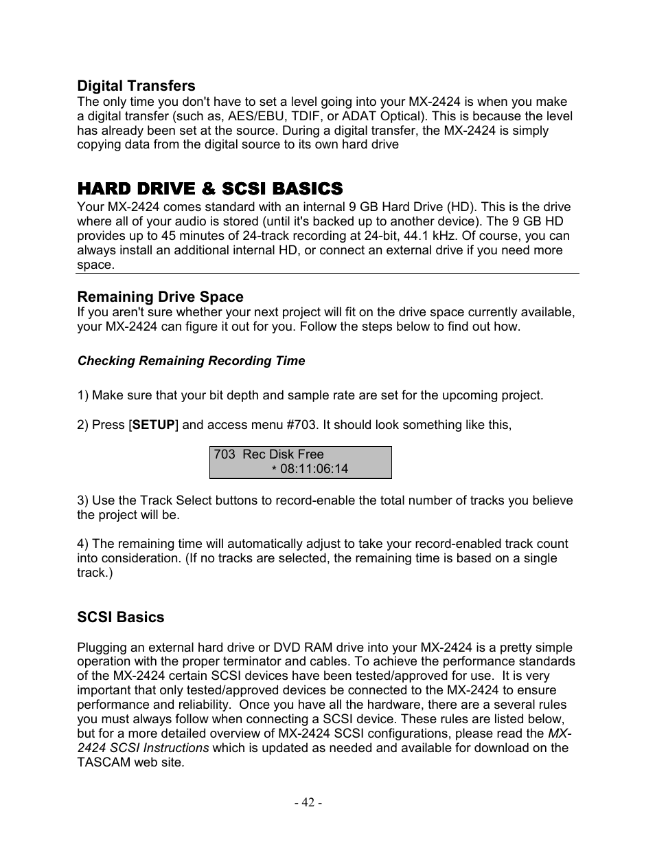 Digital transfers, Hard drive & scsi basics, Remaining drive space | Checking remaining recording time, Scsi basics | Teac MX-2424 Tutorial User Manual | Page 42 / 52