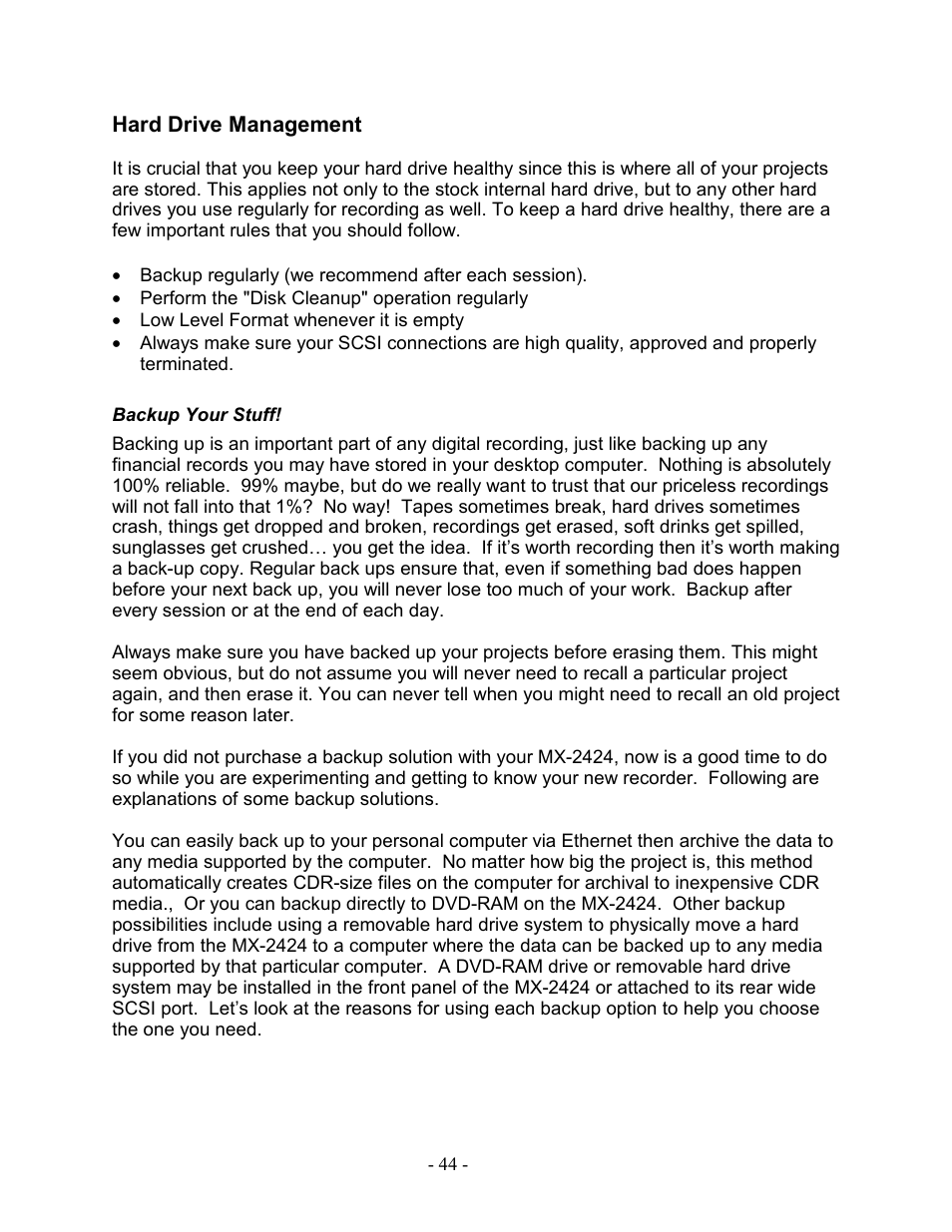 Hard drive management, Backup your stuff | Teac MX-2424 Tutorial User Manual | Page 44 / 52