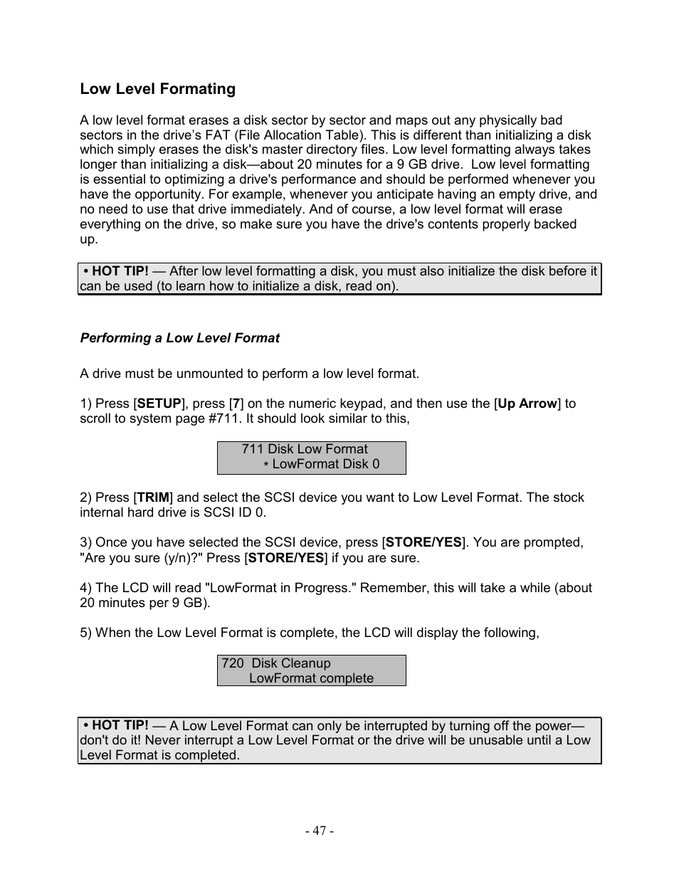 Low level formating, Performing a low level format | Teac MX-2424 Tutorial User Manual | Page 47 / 52