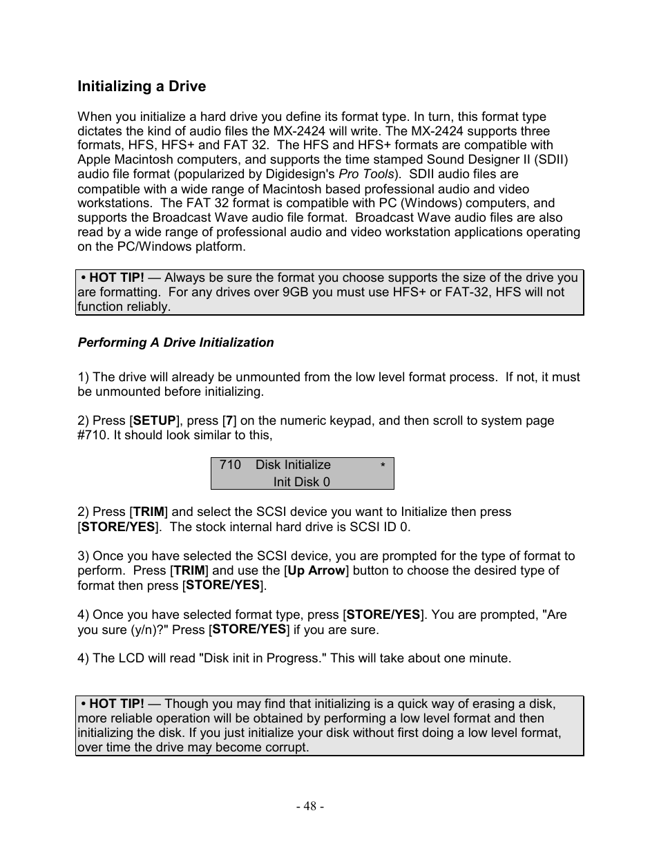 Initializing a drive, Performing a drive initialization | Teac MX-2424 Tutorial User Manual | Page 48 / 52