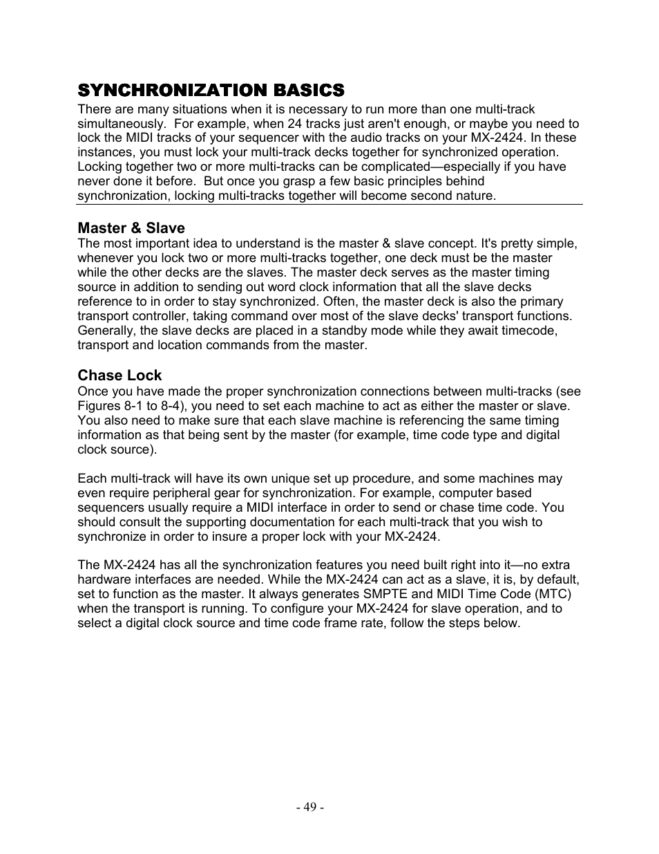 Synchronization basics, Master & slave, Chase lock | Teac MX-2424 Tutorial User Manual | Page 49 / 52