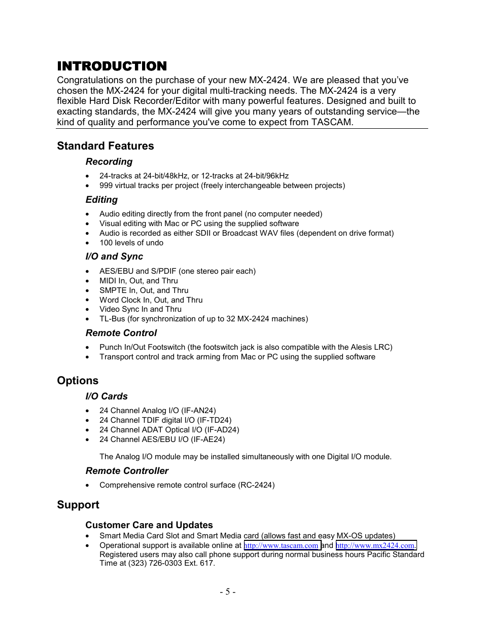 Introduction 5, Standard features, Recording | Editing, I/o and sync, Remote control, Options, I/o cards, Remote controller, Support | Teac MX-2424 Tutorial User Manual | Page 5 / 52